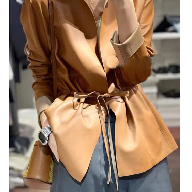 真皮皮衣女2025新款开衫小外套圆领绵羊皮短款夹克收腰带宽松显瘦