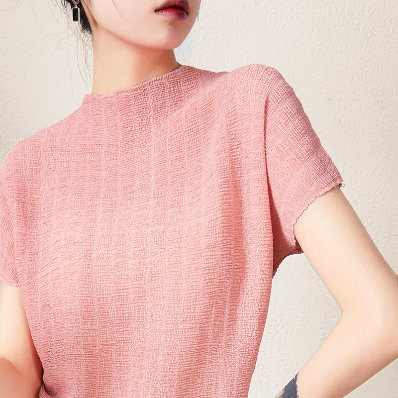 现货设计感小众宽松休闲重工肌理感褶皱高级粉色t恤女短袖2023夏
