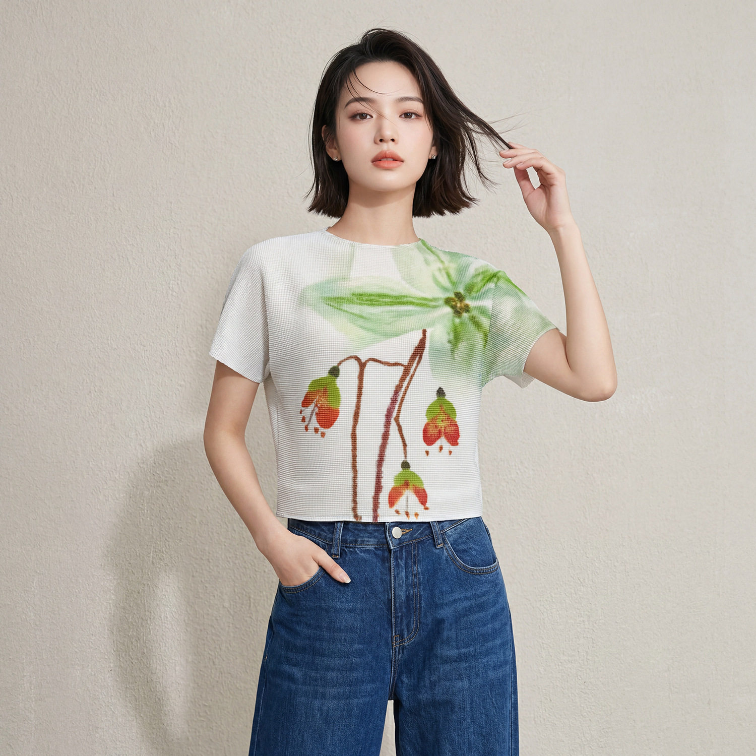 三宅肌理感褶皱印花T恤夏季新款水墨荷花圆领短袖高端通勤上衣女