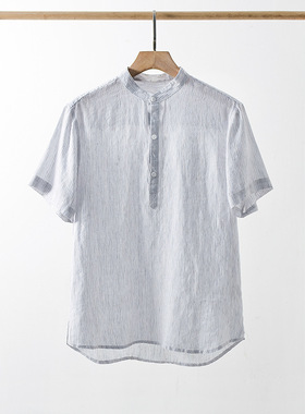 2025夏季新款亚麻男装 亚麻短袖T恤男士休闲套头薄衬衣F016