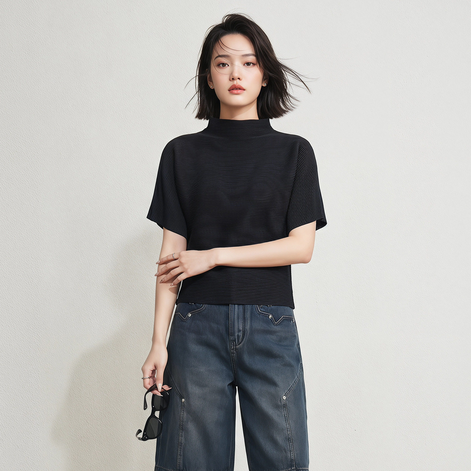 半高领三宅风短袖t恤女夏季新款韩版宽松休闲褶皱高级感纯色上衣