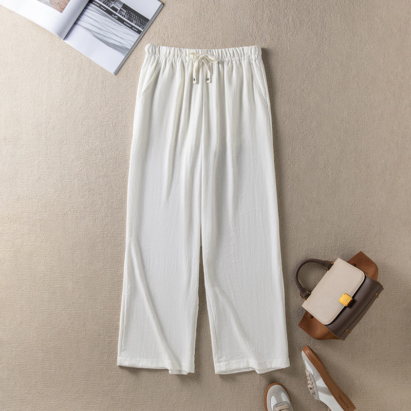 新款夏季亚麻休闲裤女日系宽松白色直筒裤长裤松紧腰阔腿裤慵懒风