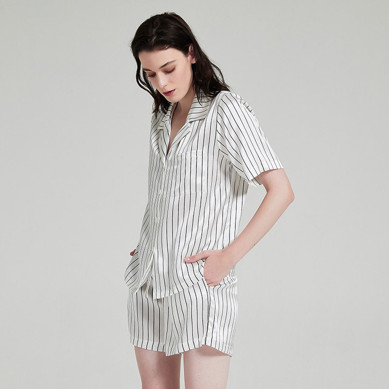 条纹真丝睡衣女夏季短袖套装桑蚕丝休闲家居服情侣高级感丝绸睡衣