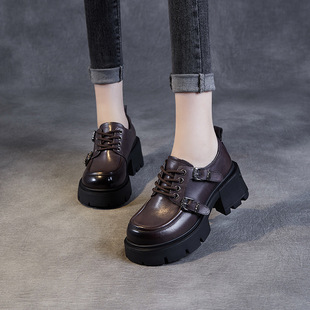 女 女高跟英伦小皮鞋 春秋新品 真皮带扣系带厚底粗跟jk乐福鞋