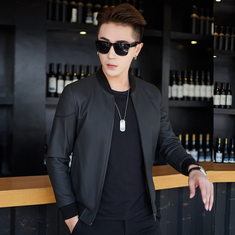 2026新款海宁真皮皮衣男绵羊皮立领棒球服春秋休闲装螺纹领皮外套