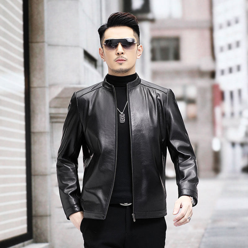 新款真皮皮衣男立领简约休闲山羊皮外套春秋季薄款单装光板皮夹克