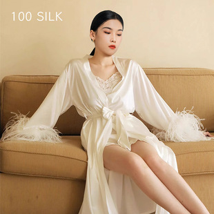 真丝性感睡袍女春夏缎面高级感鸵鸟毛奢华新娘晨袍100%桑蚕丝睡衣