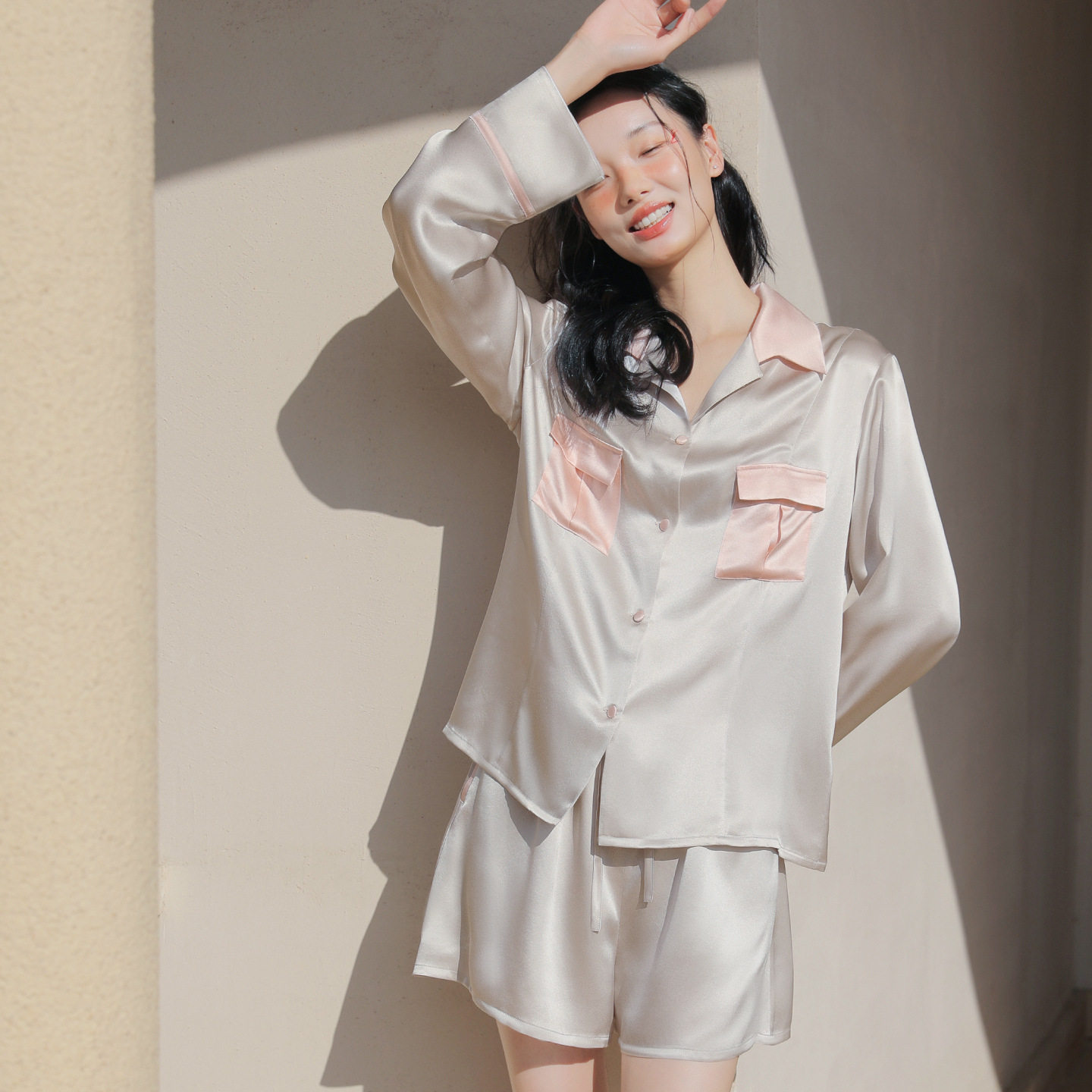 19姆米重磅真丝睡衣套装女长袖短裤宽松桑蚕丝家居服可外穿