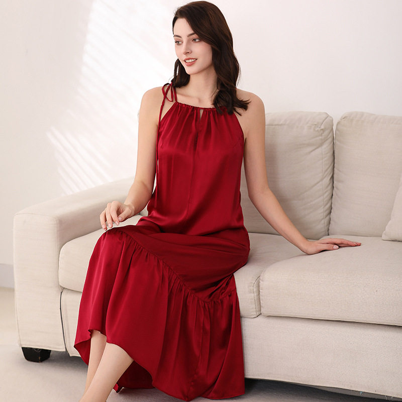 本命年结婚100%桑蚕丝绸睡衣女春夏性感真丝吊带长款打底睡裙连衣