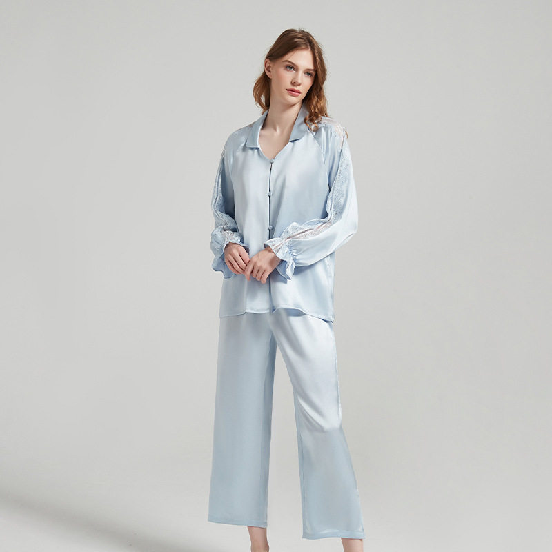 蕾丝插肩袖真丝睡衣长袖长裤套装欧美风家居服100%桑蚕丝