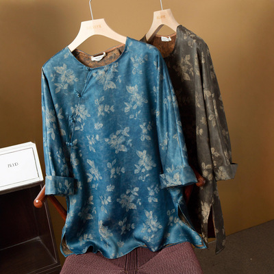 真丝香云纱提花上衣对花炒色100桑蚕丝宽松毛衫宽袖斜襟国风小衫