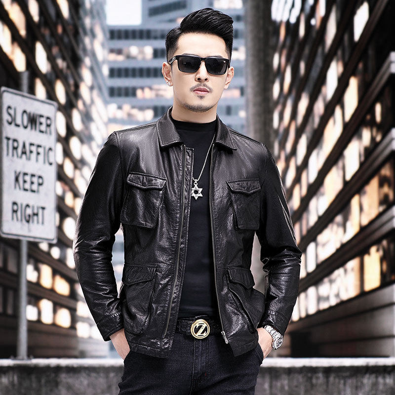 中年皮夹克男士薄款翻领单装头层牛皮多口袋真皮皮衣海宁秋季外套