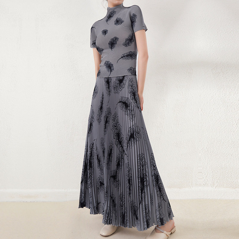 三宅印花上衣半身裙高端时尚两件套欧美跨境高级感褶皱套装女夏