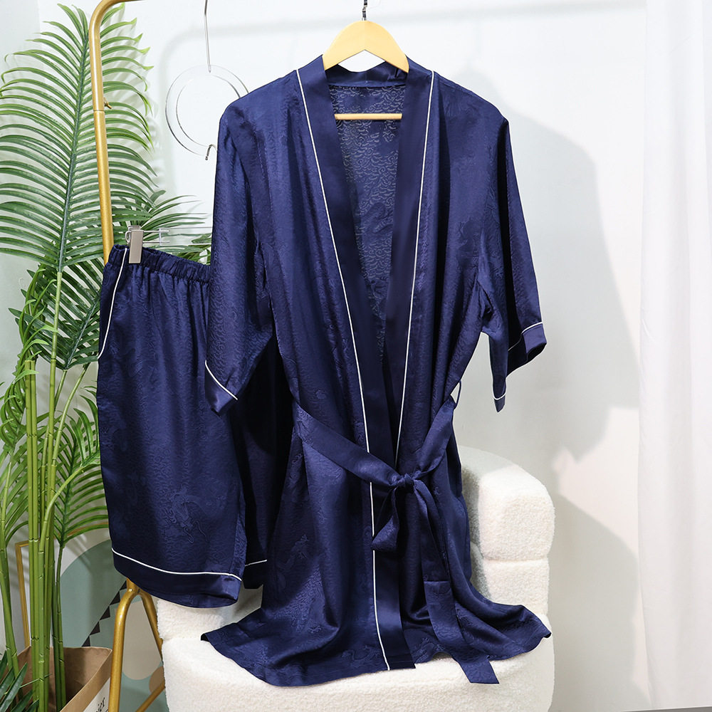 夏季男士短裤重磅真丝睡衣套装高级感龙纹提花睡袍桑蚕丝家居服新