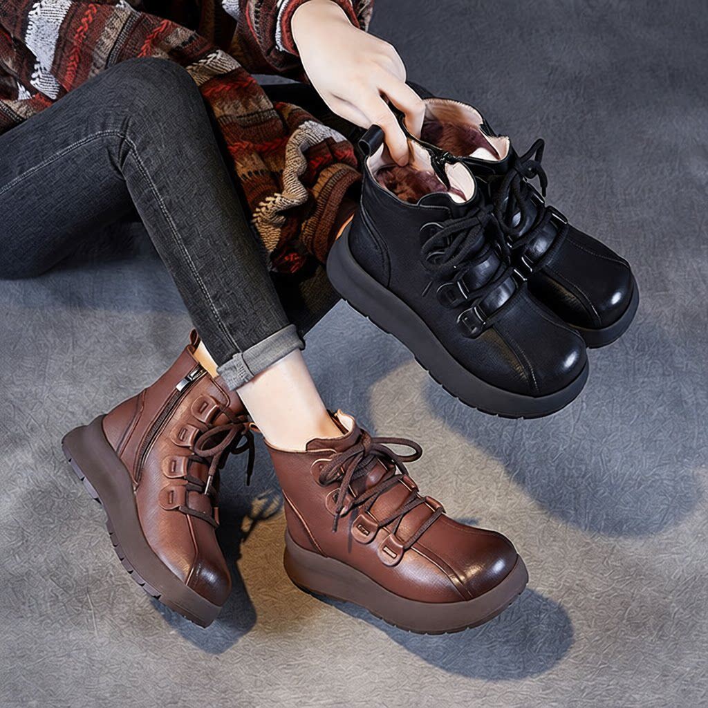 头层牛皮手工马丁靴女秋冬真皮羊毛里大码棉鞋复古松糕厚底短靴子