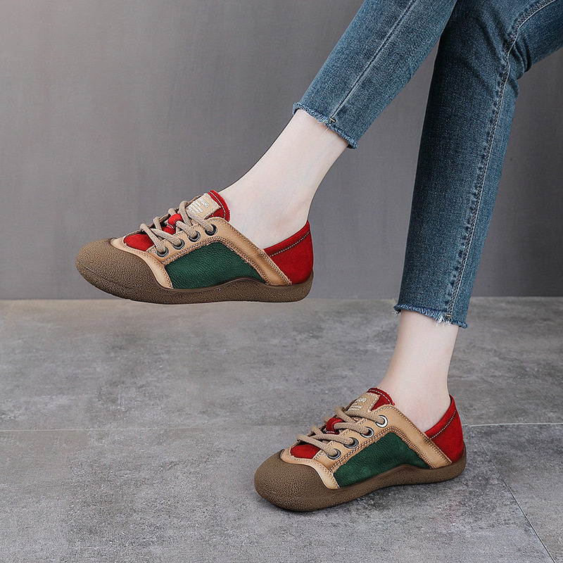春秋季新款文艺范休闲鞋平底小皮鞋头层牛皮拼接撞色单鞋女丑萌鞋