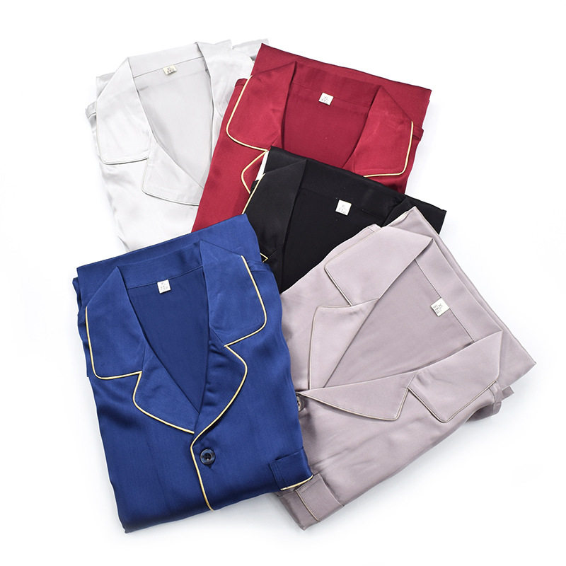 春秋男士真丝睡衣长袖长裤两件套纯色薄款翻领简约桑蚕丝绸家居服