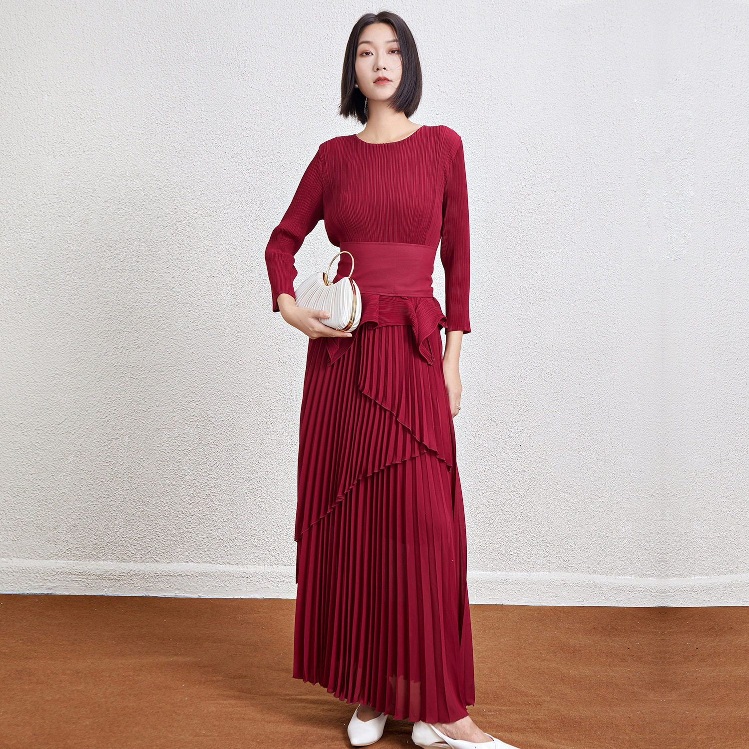 法式圆领褶皱修身上衣不规则半身裙礼服俩件套女士跨境欧美套装