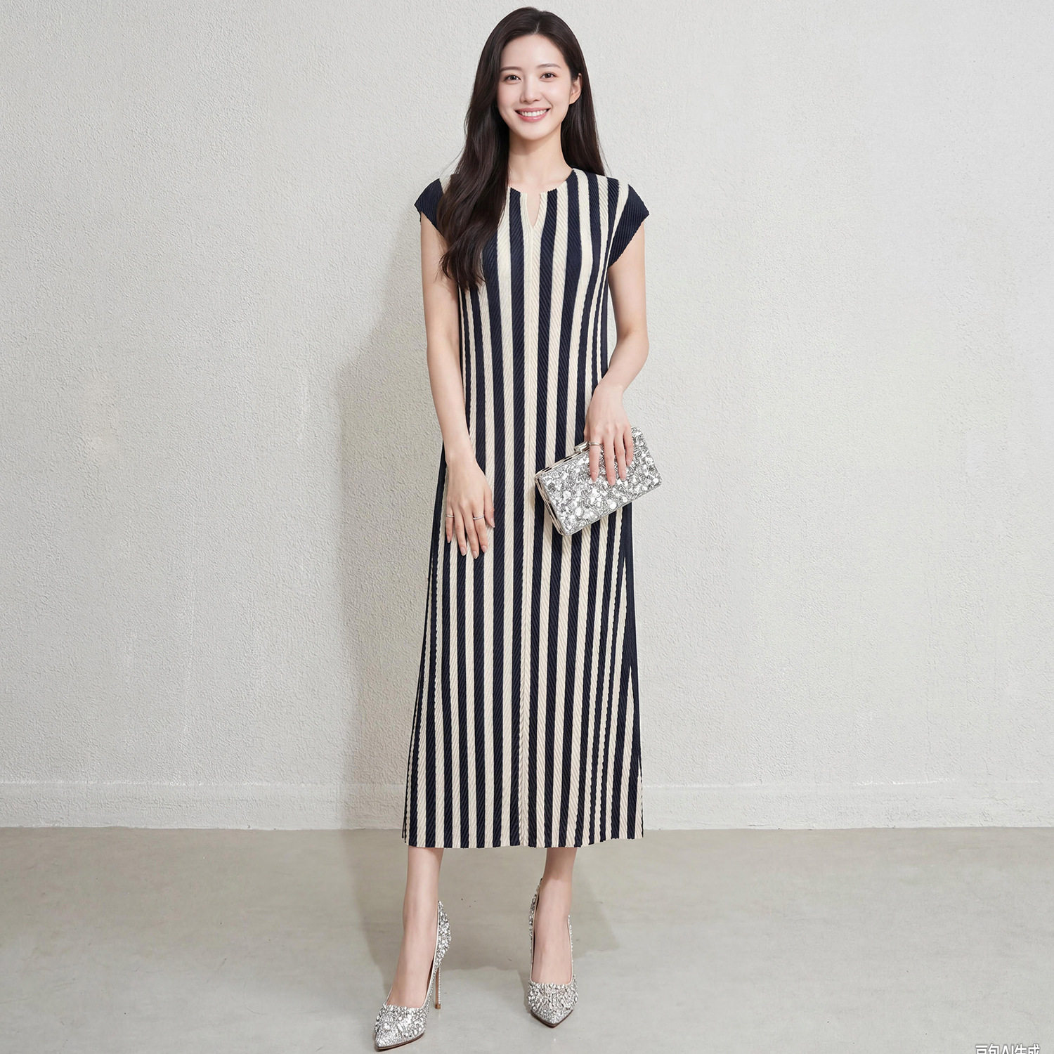 夏季新款条纹褶皱连衣裙女时尚V领无袖蓝白撞色韩系修身显瘦长裙