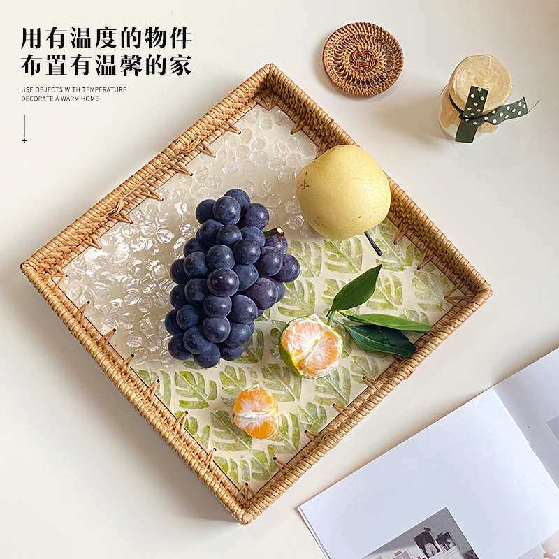 藤编贝壳彩色收纳正方形家用客厅轻奢野餐果篮糖果餐厅高级托盘