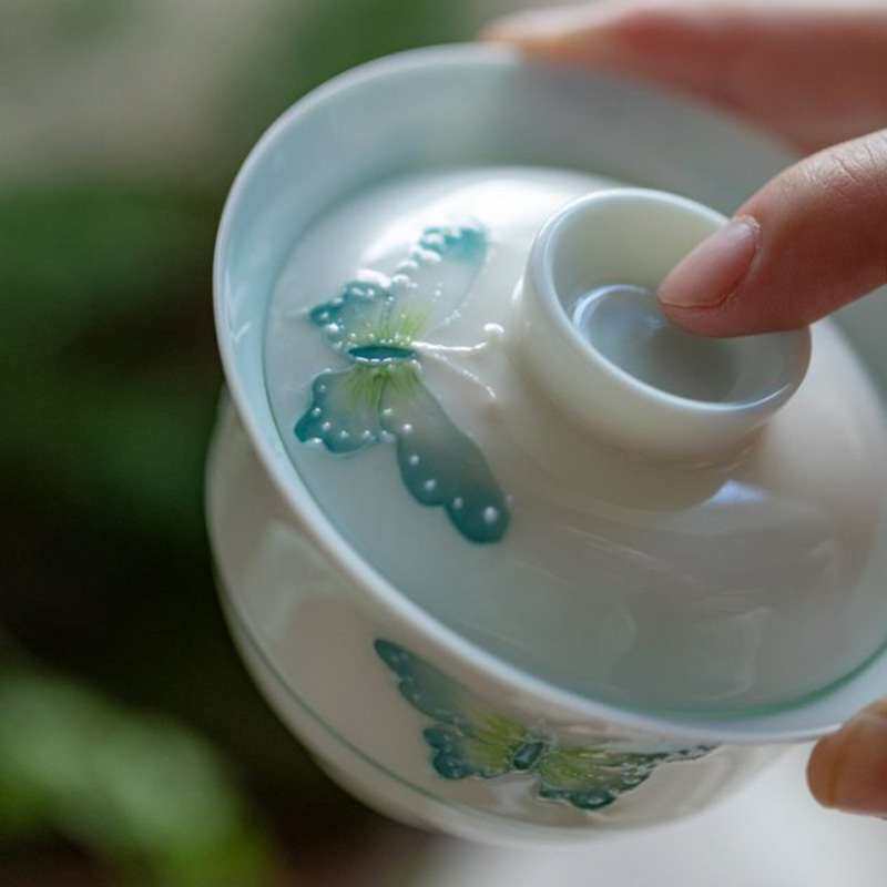 束刻陶瓷手绘蝴蝶盖碗景德镇釉下彩手工薄胎二才泡茶碗家用泡茶具