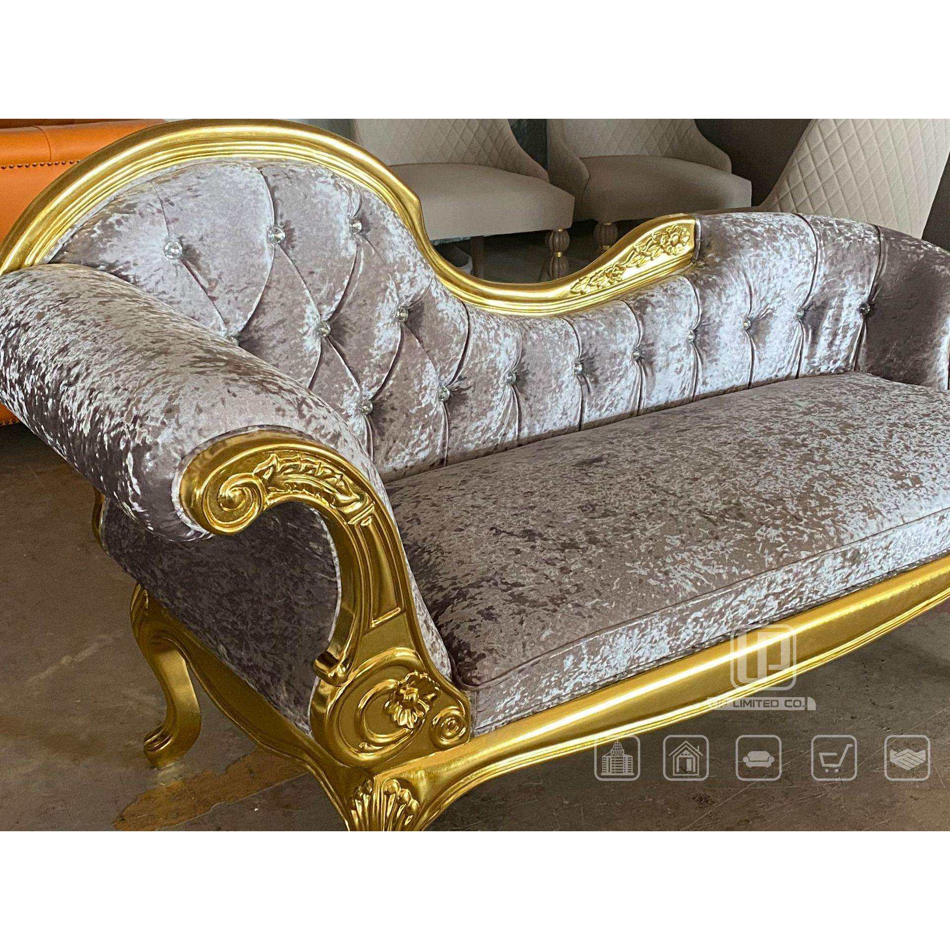 欧式木雕金箔冰晶绒布艺贵妃沙发豪华别墅欧式卧室实木躺椅沙发床