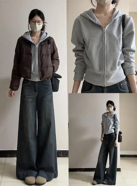 灰色连帽运动衫外套女款秋季新款修身短款收腰上衣早秋穿搭美式开
