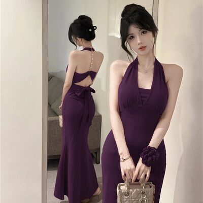 名媛风挂颈绑带吊带洋装