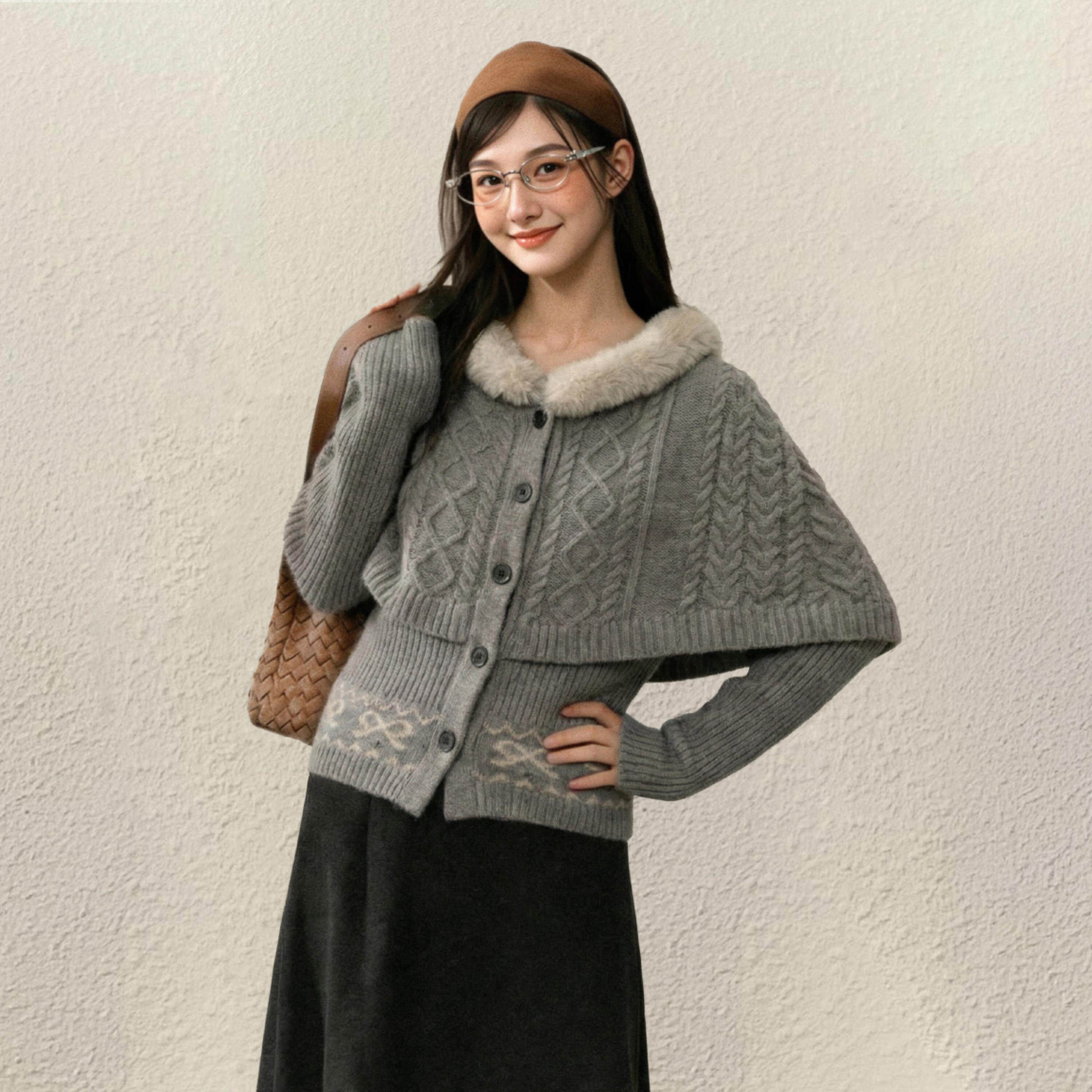 灰色斗篷毛领连帽毛衣外套女秋冬季外穿加厚修身收腰短款针织开衫