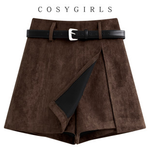 咖色麂皮绒半身裙女冬季新款复古时髦开叉a字裙裤显瘦高腰短裙潮