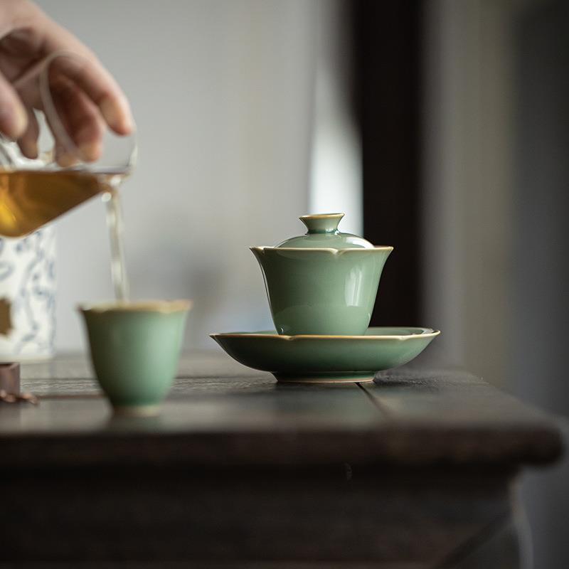 墨己 耀州窑花口盖碗 越窑青瓷高款聚香泡茶碗 花边陶瓷茶具茶碗