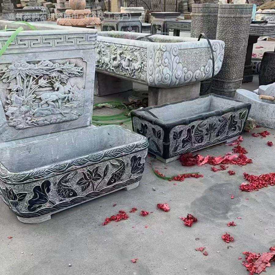 石槽鱼缸造景荷花石槽青石长方形流水造景户外水槽中式流水摆件