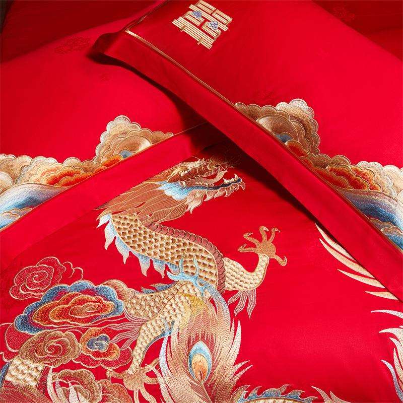 全棉贡缎提花新中式婚庆四件套大红床单被套多件套结婚床上用品