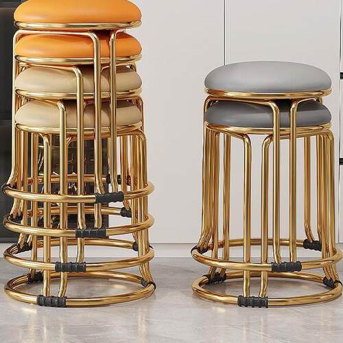 凳子家用轻奢感圆凳可叠放结实耐用钢筋备用餐桌凳板凳省空间