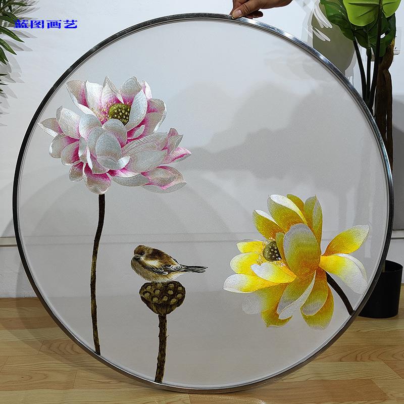 双面刺绣圆形边框半透明纱布屏风隔断玄关画心中式荷花蓬荜生辉