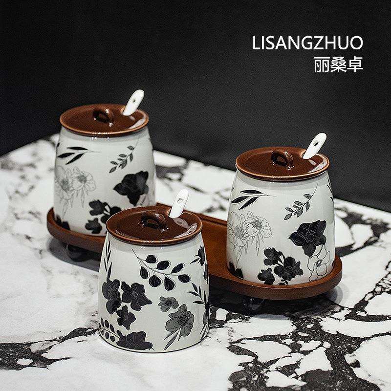 法式中古风厨房用品调味罐调料盐糖味精罐家用复古陶瓷收纳罐套装