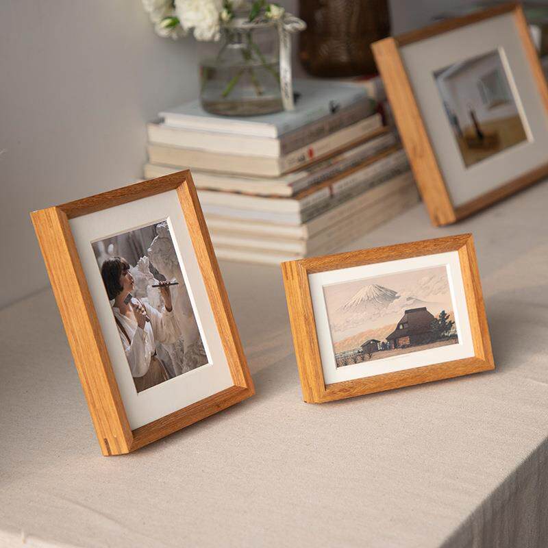 榫卯实木质相框书法字画框装裱6寸 7 10寸柚木色相框摆台加洗照片