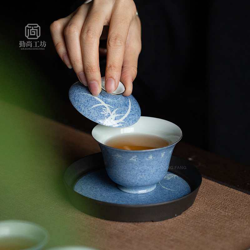 洒蓝手绘兰花壶承陶瓷盖碗底托干泡盘养壶垫茶道配件家用水果盘