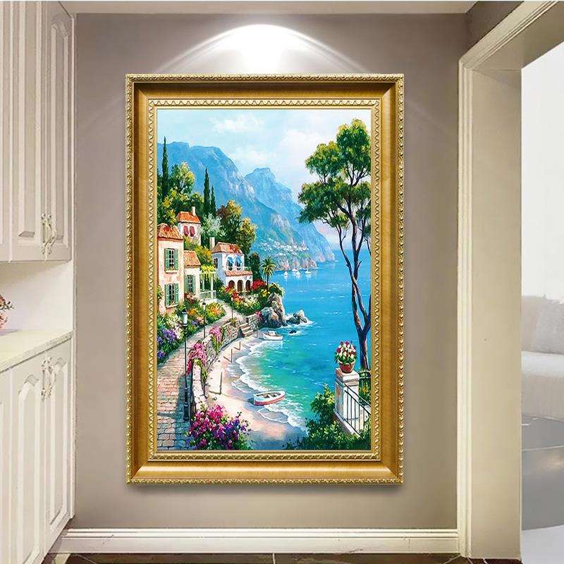 手绘油画欧式客厅玄关地中海风景装饰画美式轻奢走廊尽头挂画竖版