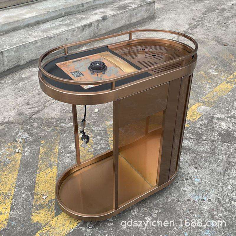 茶楼民宿茶水车泡茶台不锈钢茶水车茶楼双层钛金服务车手推服务车