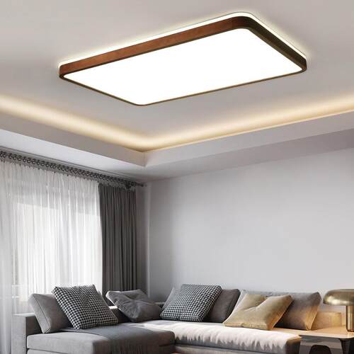 新中式客厅led胡桃木色吸顶灯实木卧室灯超薄长方形吸顶灯具8180