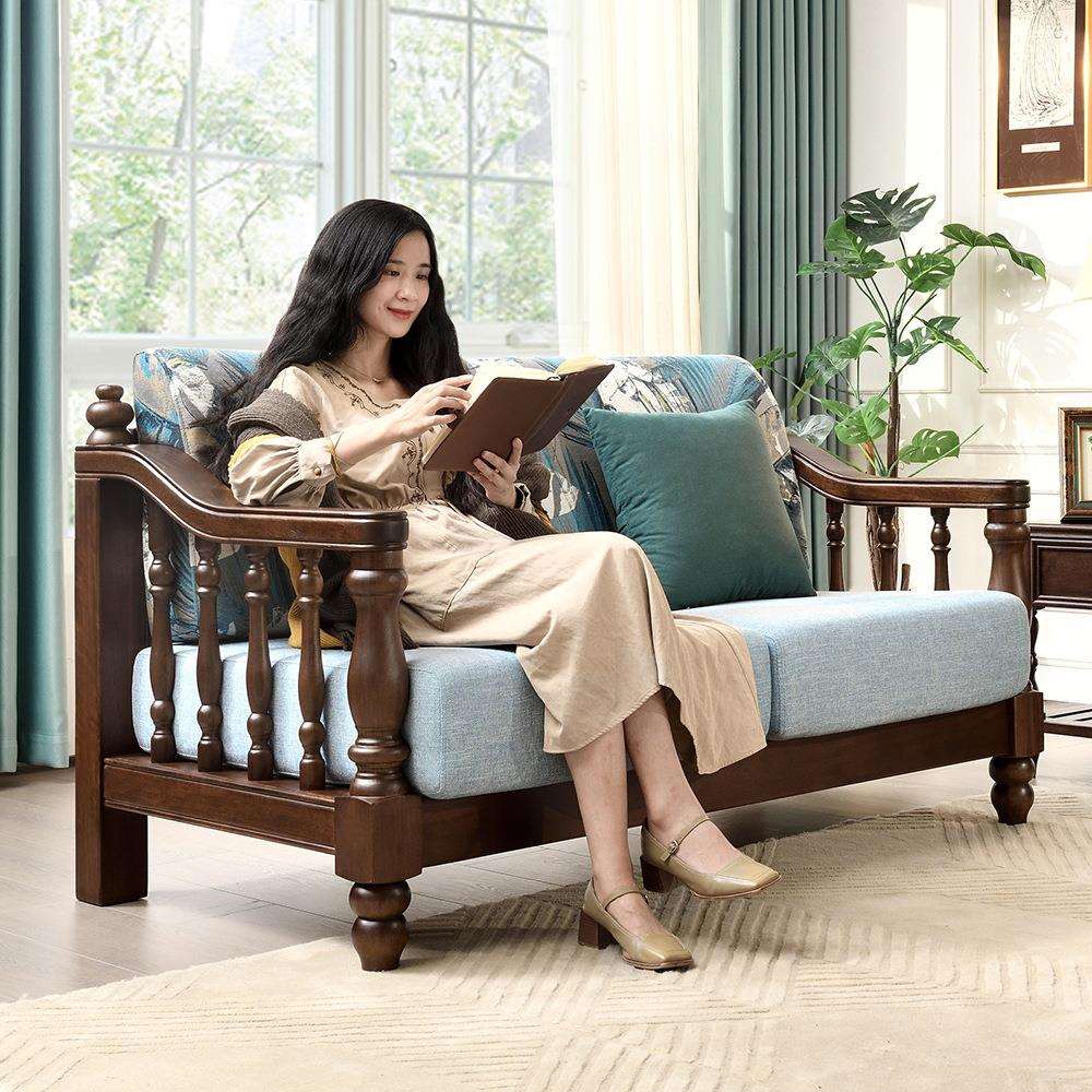 美式实木布艺沙发123组合三人小户型小美风格客厅全实木家具