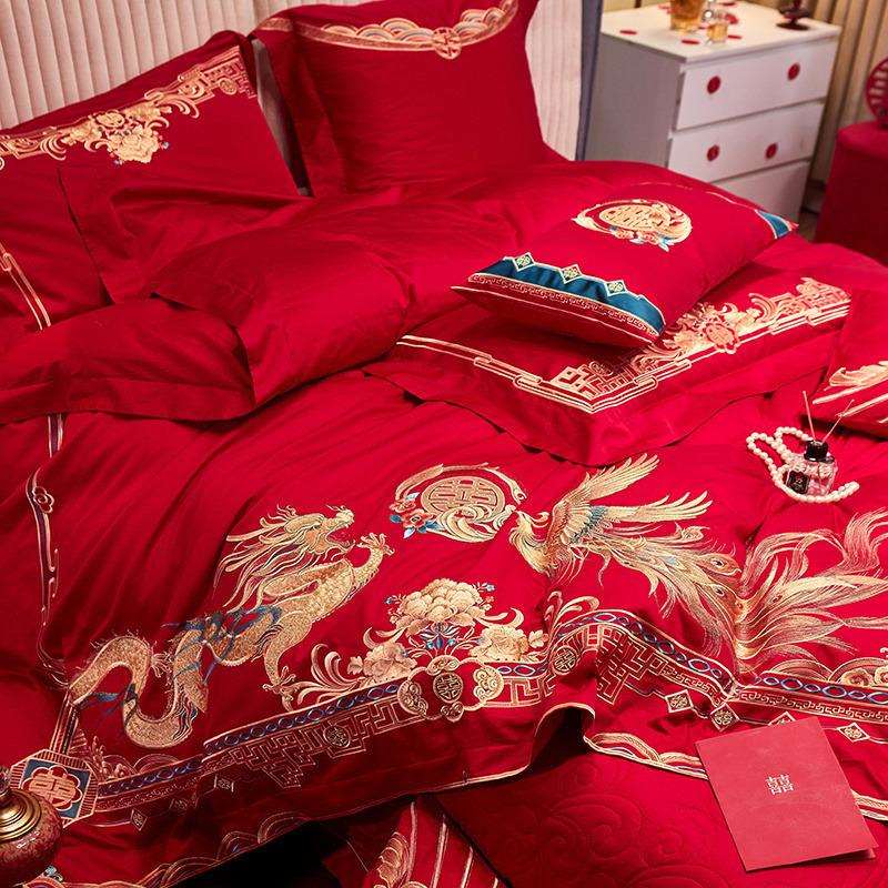 结婚百子图婚庆四件套全纯棉大红喜被床上用品婚陪嫁妆龙凤六件套