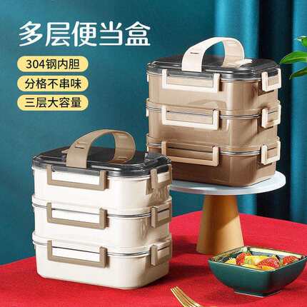 不锈钢饭盒上班族便携便当盒多层分格保温三格大容量源头