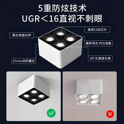 明装射灯无主灯客厅照明智能可旋转吸顶防眩四头筒灯卧室斗胆灯