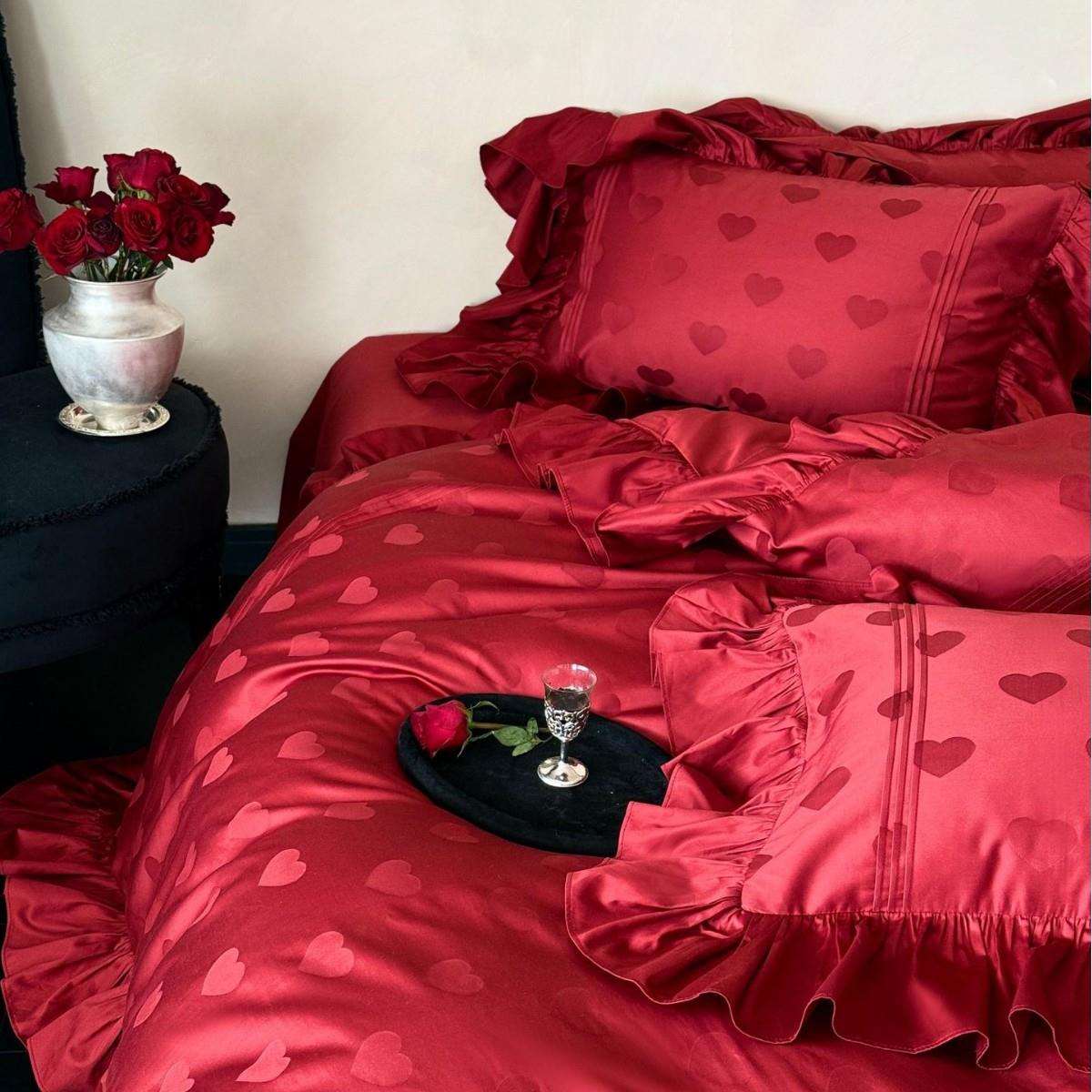 简约浪漫婚庆澳棉四件套爱心提花大红色法式荷叶花边结婚被套床品