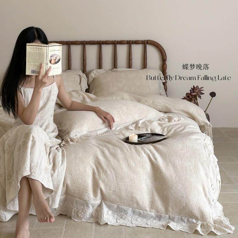 法式高端棉花提花四件套浪漫花边蕾丝刺绣全棉被套1.8m床上用品