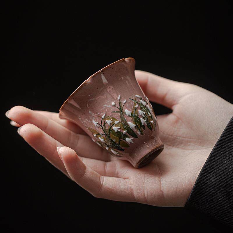弥言纯手工粗陶花口花瓣茶杯家用主人杯纯手绘单杯日式品茗杯复古
