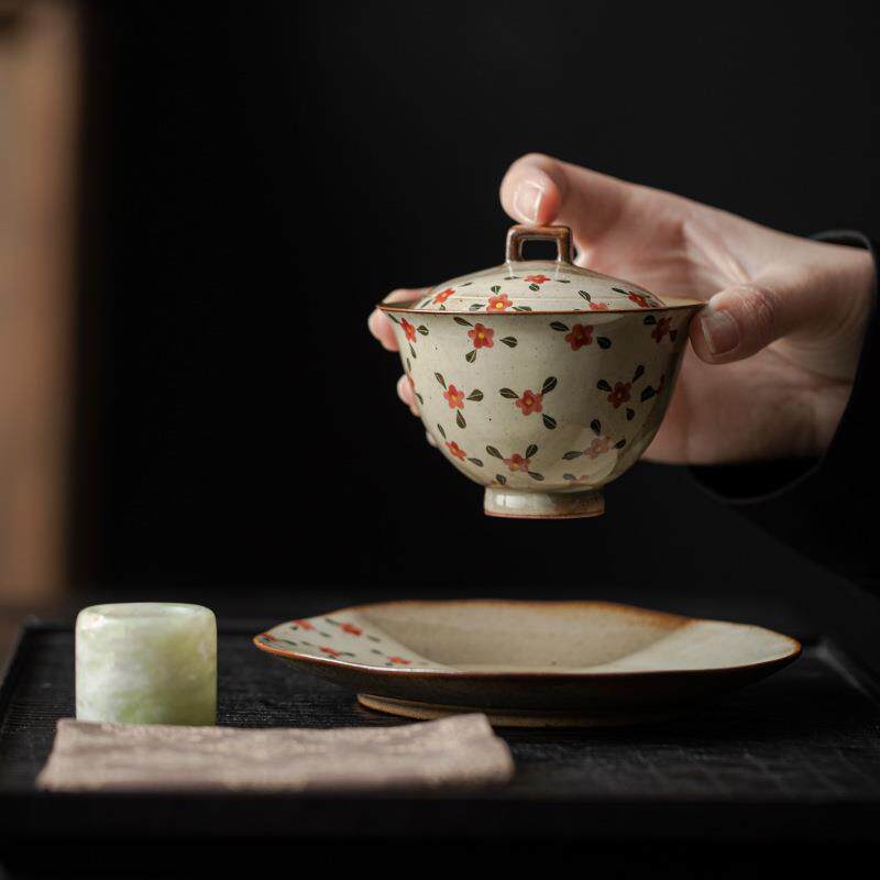 弥言仿柴烧盖碗家用手绘泡茶碗茶杯防烫泡茶器纯手工复古粗陶盖碗