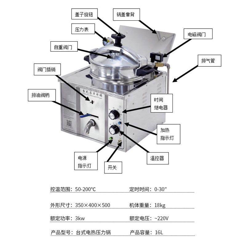 华凯美式厂家直销商用16L电热台式大容量压力炸炉油炸锅单缸炸鸡